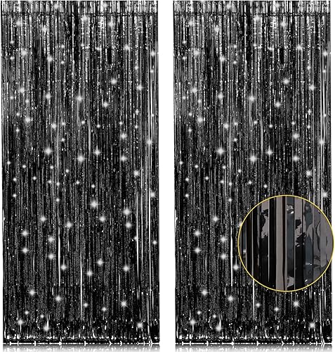 Paquete de 2 cortinas de flecos de papel de oropel negro de 3.2 pies x 8.2 pies, papel de aluminio metálico para cabina de fotos, serpentina para