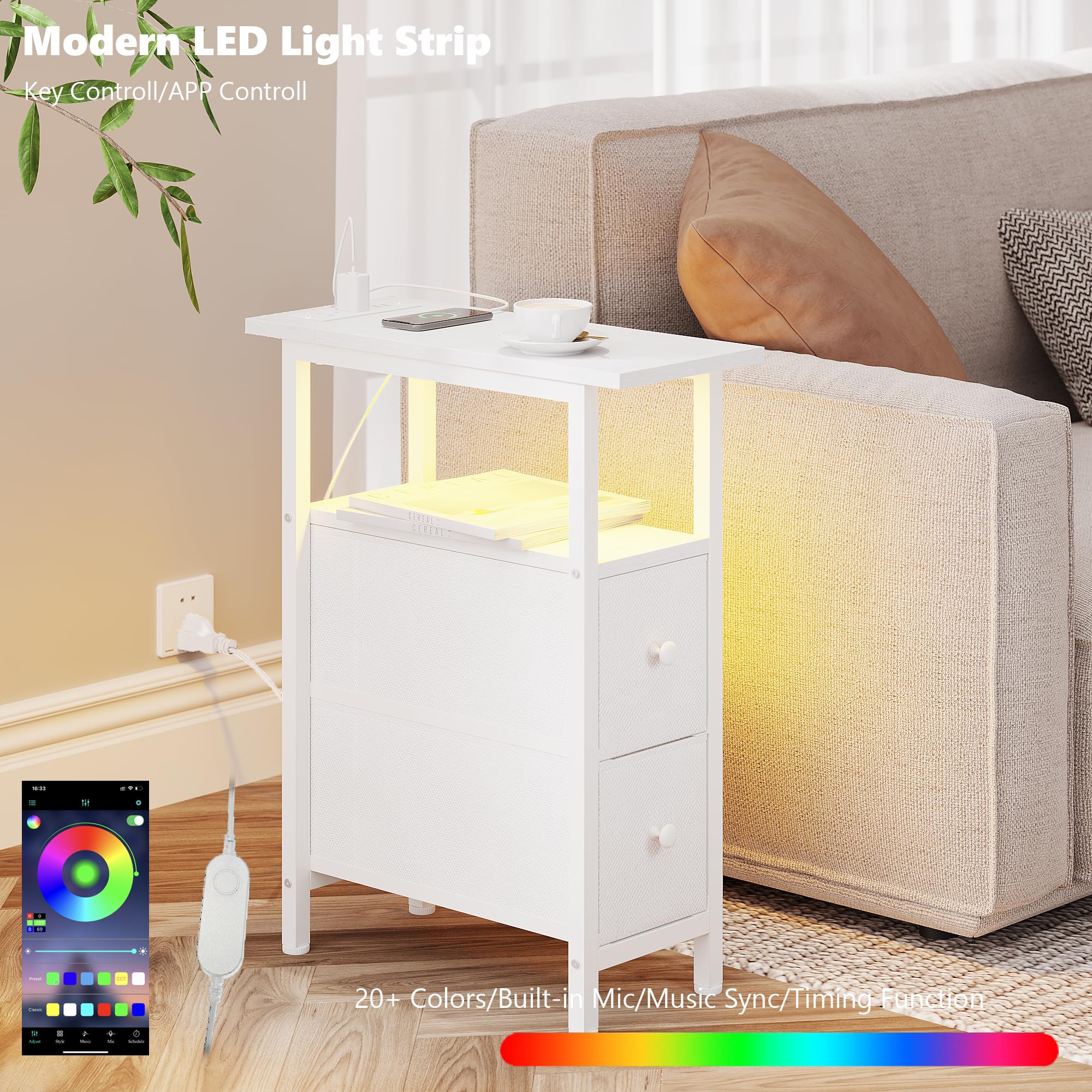 LOAKEKEL HETNDP02BR-1 Table d'appoint étroite pour salon avec station de charge, table de chevet fine avec tiroirs en tissu, table de nuit mince pour chambre à coucher, petits espaces, canapé, brun