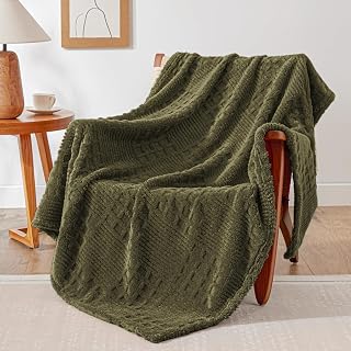 EXQ Home Fleece Throw Blanket 50x60 - Cozy Soft 3D Waffle Jacquard Pattern, Lightweight Fuzzy Flannel for Couch Bed All Seasons Moss Green