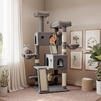 SHACERLIN 65in Large Cat Tree Tower for Big Cats - Multi-Level Condo with Hammock, Plush Perches, Sisal Posts & Wide Stable Base, Grey