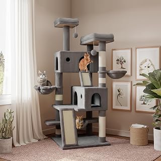 SHACERLIN 65in Large Cat Tree Tower for Big Cats - Multi-Level Condo with Hammock, Plush Perches, Sisal Posts & Wide Stable Base, Grey