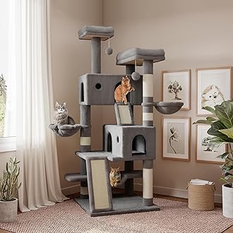 65in Larger Cat Tree Tower Condo for Indoor Kitties/Multi-Level Furniture Activity Center with Wide Base/Cozy Plush Cat Perches/Baskets/Sisal Scratching Posts and Hammock/Grey