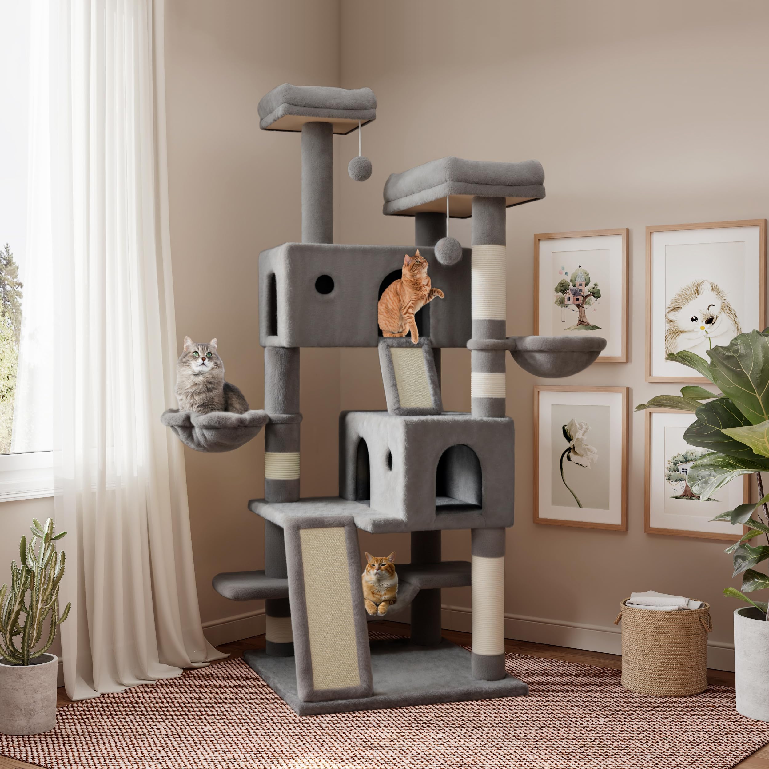 SHA CERLIN 65in Larger Cat Tree Tower Condo for Indoor Cats, Multi-Level Furniture Activity Center with Wide Base/Cozy Plush Cat Perches/Baskets/Sisal Scratching Posts and Hammock/Grey