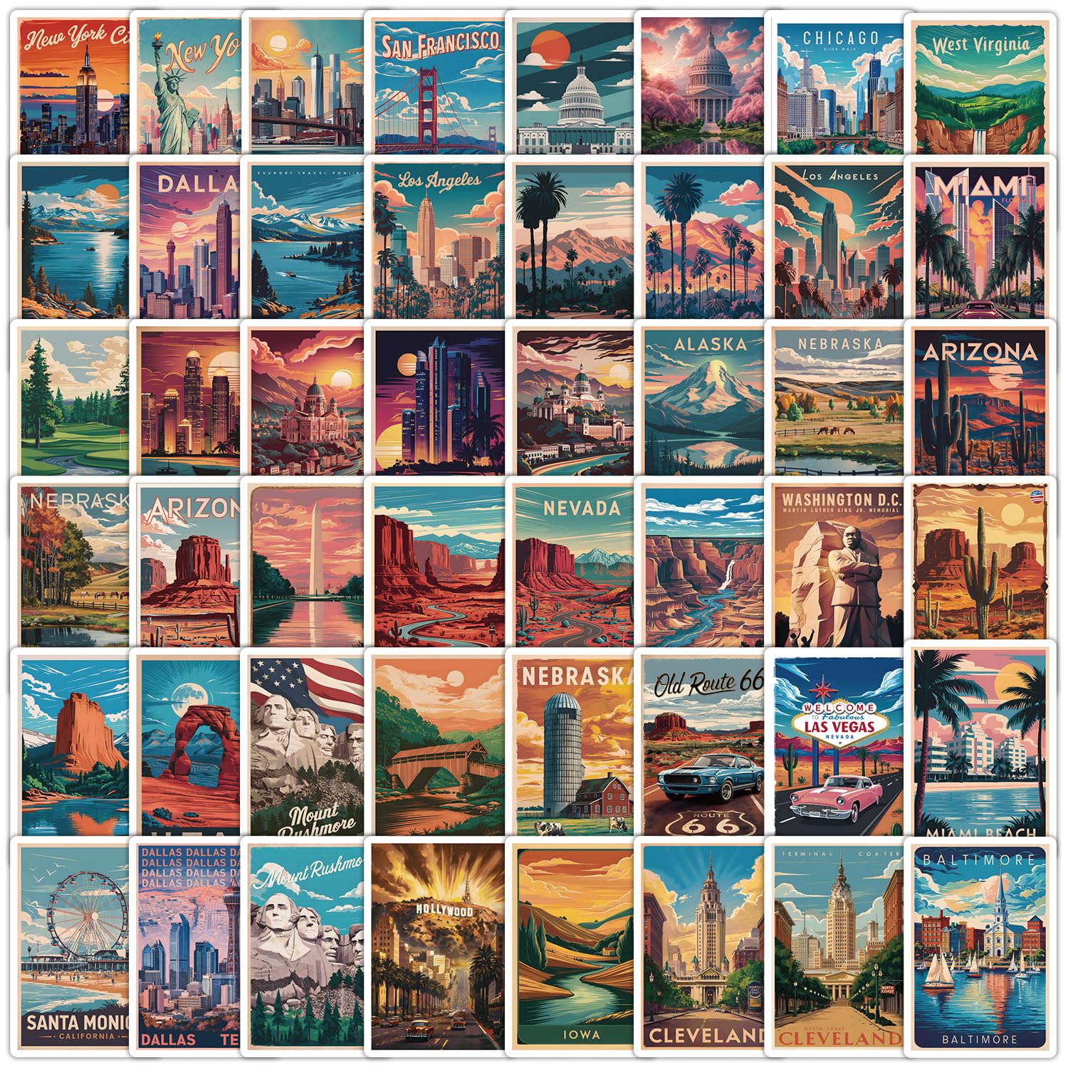 50Pcs US City Stickers Travel Vinyl Decals for Laptops Skateboards Luggage Helmets Bikes and Phones Fans Lovers and Wanderlust Vibe Enthusiasts
