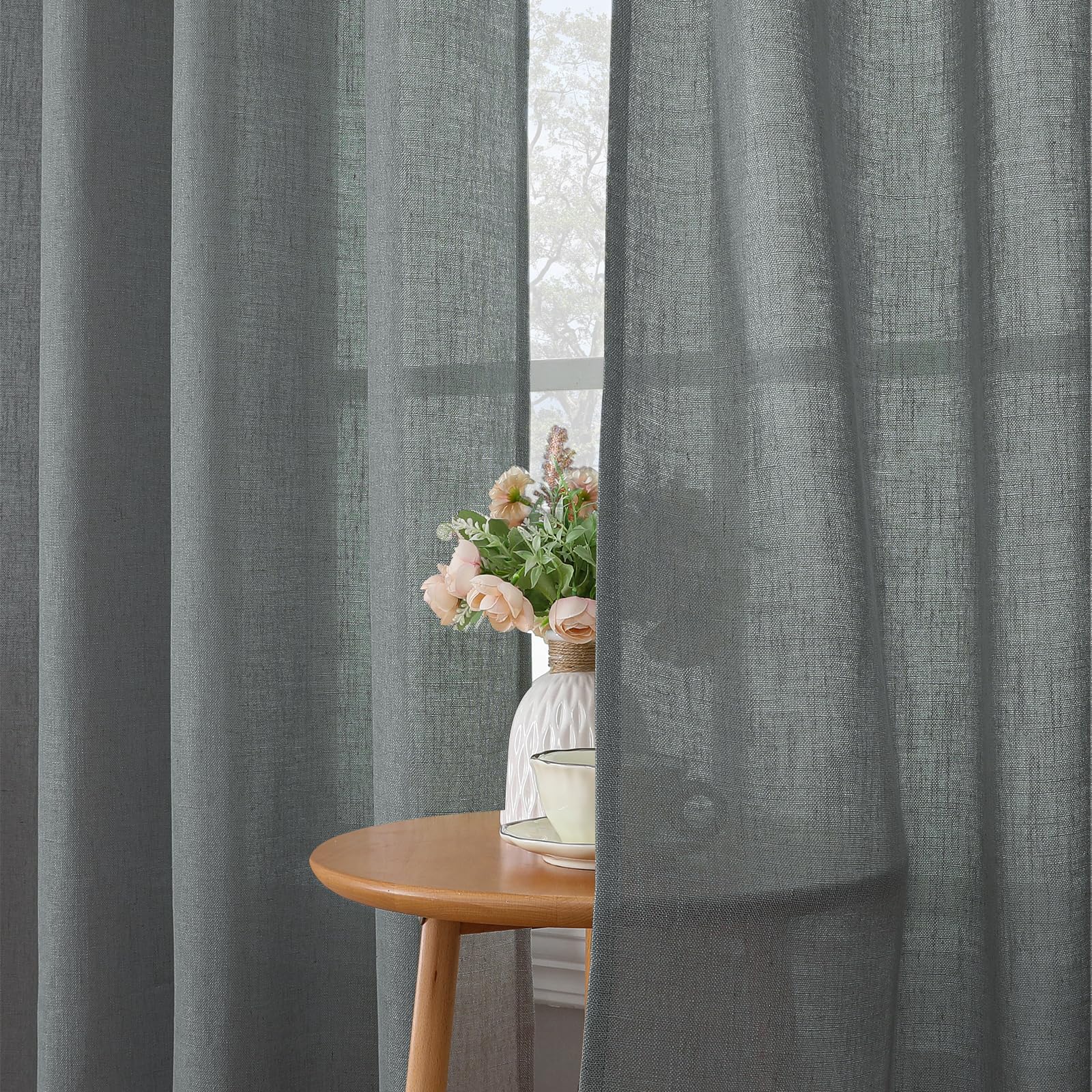 CUCRAF Zasłony lniane na przelotkach, zestaw 2 sztuk, wys. 245 x szer. 140 cm, szare, półprzezroczyste, do salonu, o wyglądzie lnu, woal, kolor lnu, do sypialni