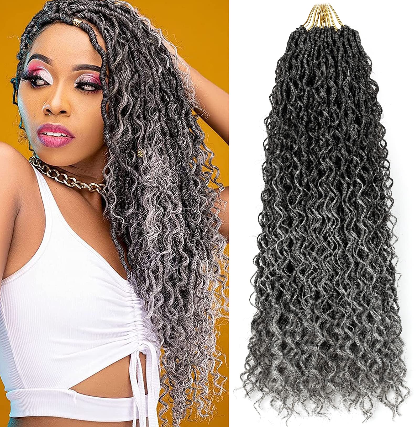 Long Goddess Locs Crochet Hair 22 Inch Boho River Locs Hippie Wavy Crochet With Curly Hair In Middle And Ends Braids Hair Extensions (8Packs,22 inch,