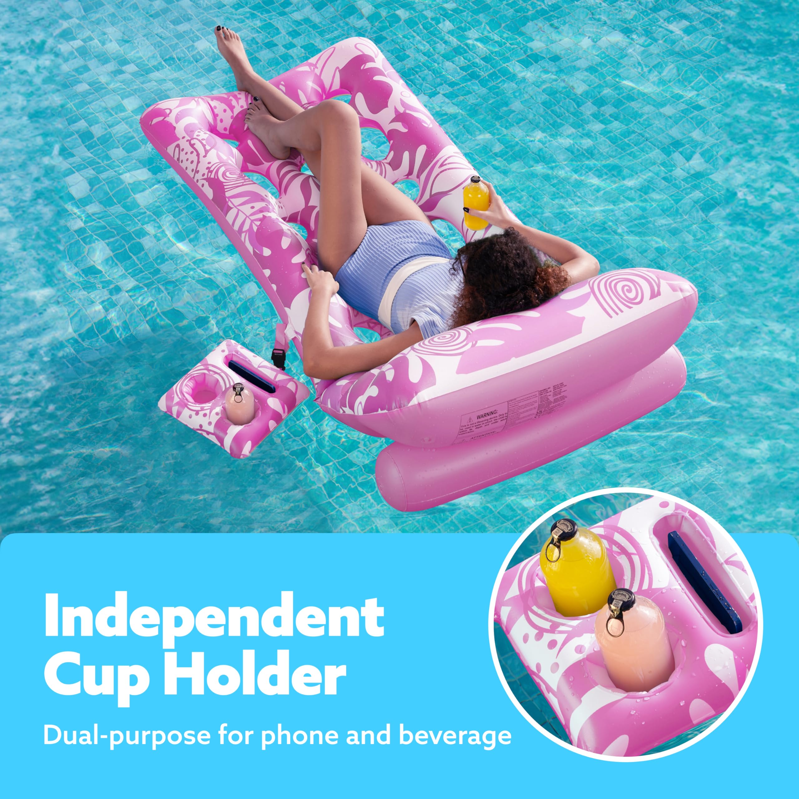 Sloosh Nadmuchiwany basen dla dorosłych – Tropical Leaves Lounger z regulowanym oparciem, uchwyt na kubki, pływające rafty, na plażę, nad jezioro, leżankę nad wodą (różowy)