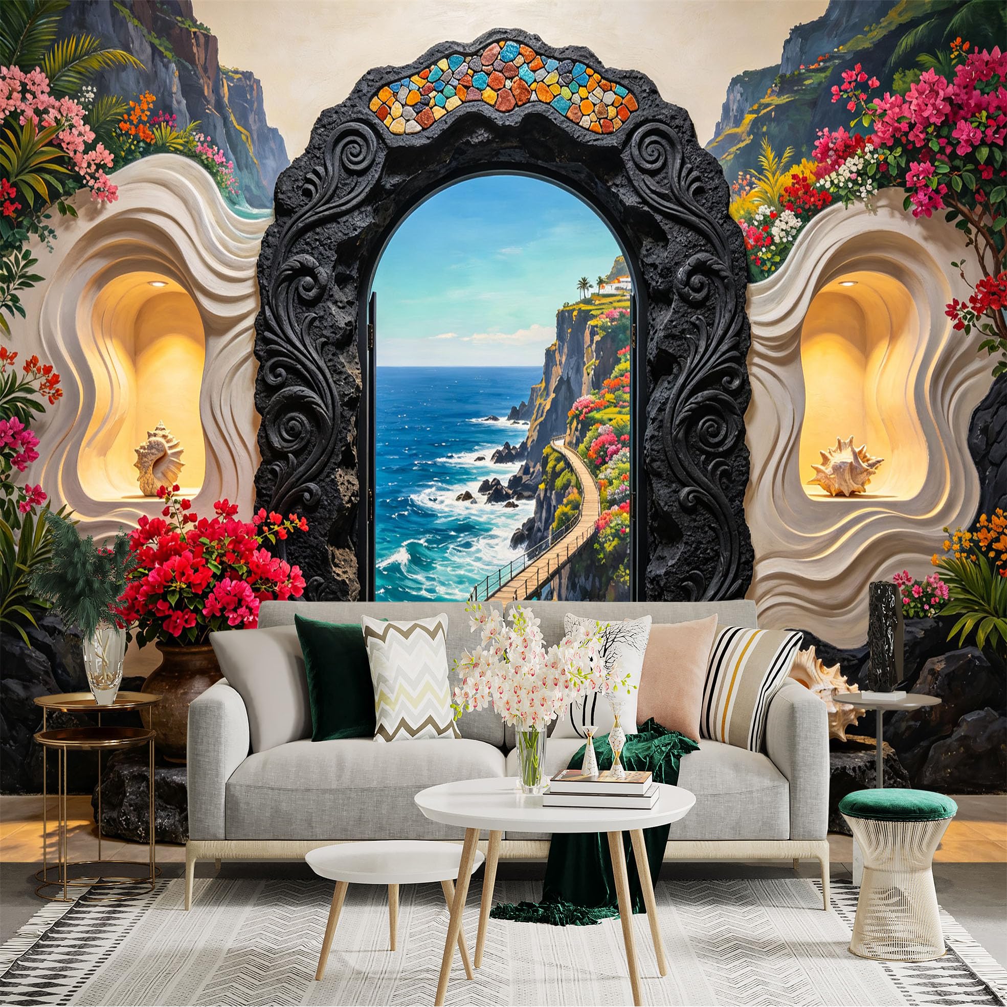 Custom Size Wall Sticker Mural， Coastal Cliff Path， Ocean View， Floral Archway， Tropical Seaside， for wall Decoration， peelandstick wall Decals.