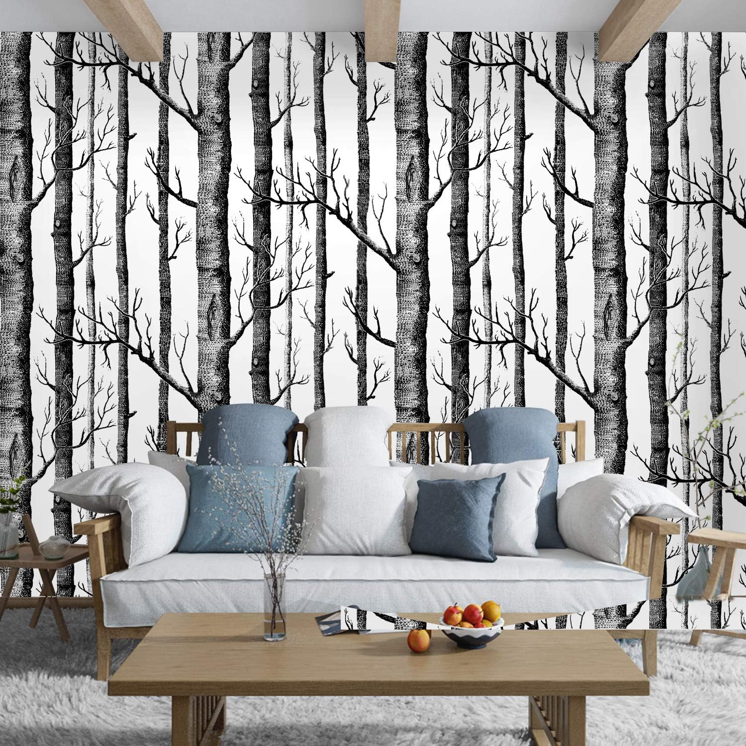 WENMER Birch Tree Wallpaper - 17.71" x 394" Black Trunk Peel and Stick Self-Adhesive Waterproof Removable Wood Wallpaper for Bedroom, Living Room, Shelf