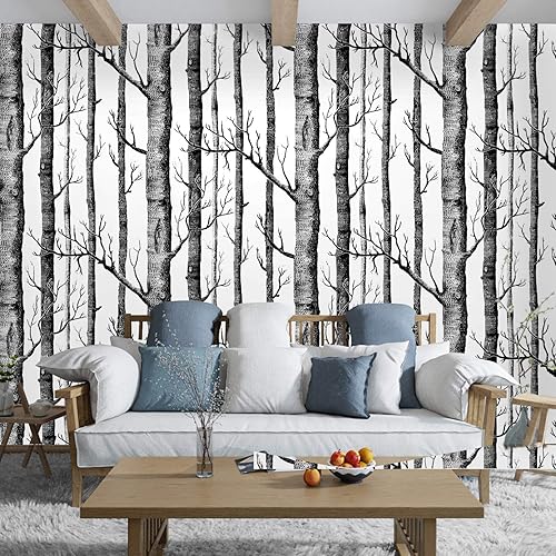 Miniatura 5 de WENMER Papel tapiz de abedul de 17.71 x 472 pulgadas, papel tapiz de tronco negro, autoadhesivo, impermeable, extraíble, de madera, decoración de