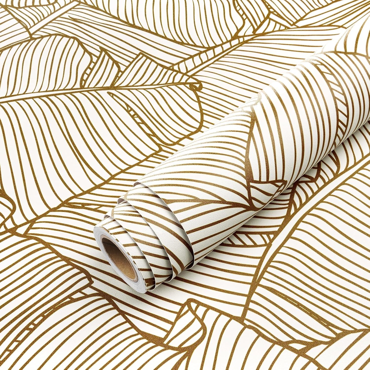 Livelynine 17.5x591 Leaf Wallpaper Peel and Stick Gold and White Tropical Wallpaper for Bathroom Bedroom Walls Prepasted Modern Banana Leaves Murals Removable Gold Leaf Contact Paper Self Adhesive