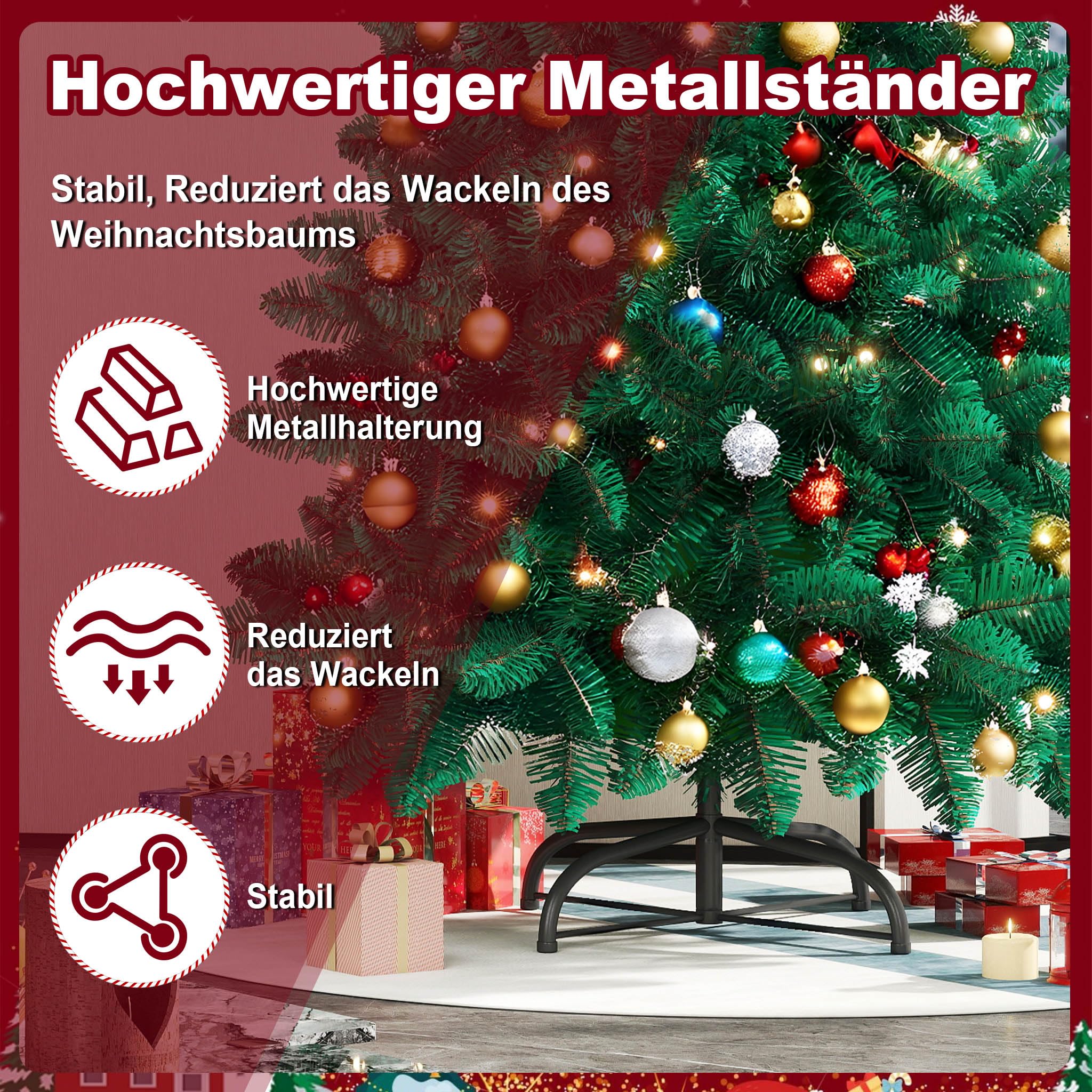 Froadp 210cm Albero di Natale Artificiale in PVC, Abete Artificiale con 820 Rami e 350 LEDs, Albero di Natale Rimovibile con Supporto in Metallo, Abete Ignifugo per la Decorazione di Natale
