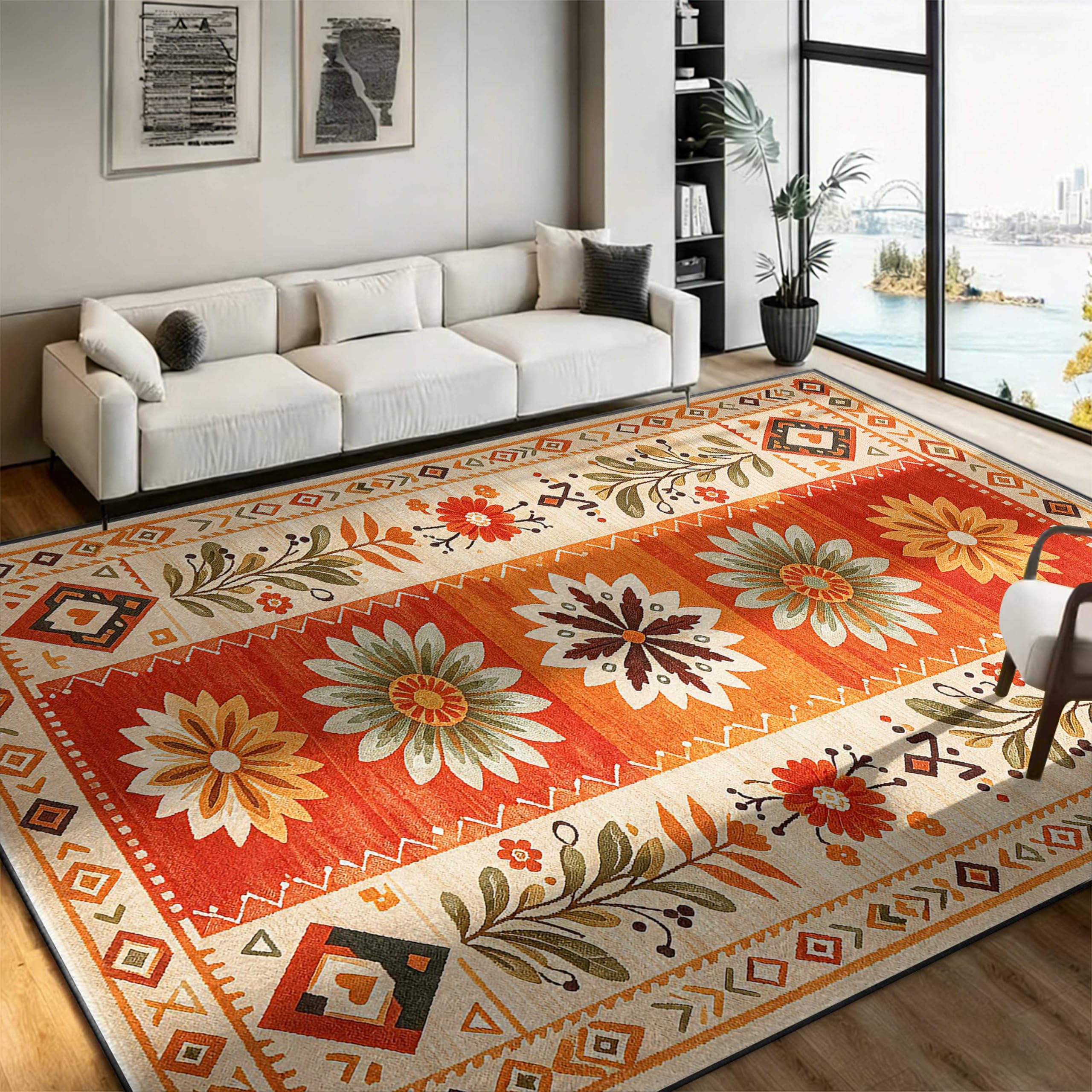 Boho Tribal Large Area Rug 160x200cm Rustic Burnt Orange Flower Vine Carpet