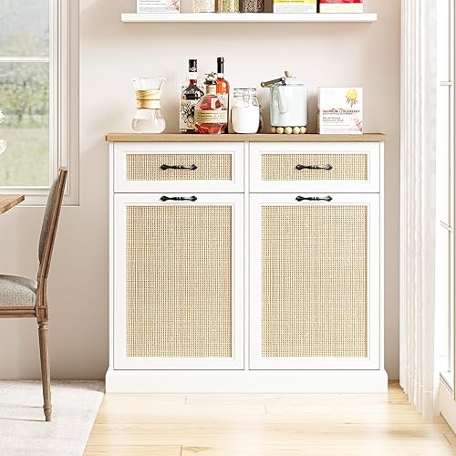 Miniatura 4 de IDEALHOUSE Gabinete de basura de ratán con doble inclinación, armario de basura oculto de 10 galones, armario de basura independiente para cocina,