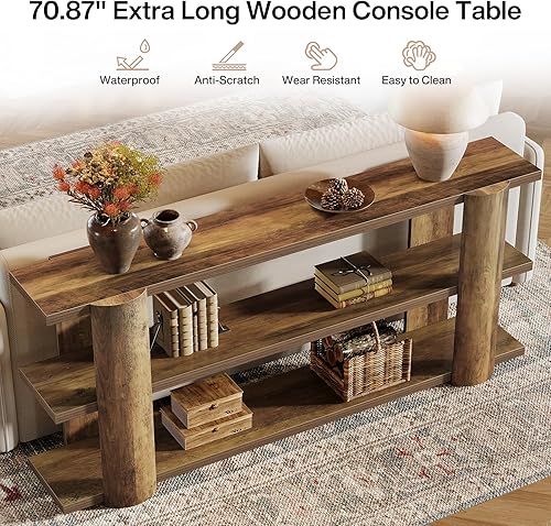 Miniatura 5 de Tribesigns Mesa consola extra larga de 70.87 pulgadas para entrada, mesa de sofá estrecha de madera de 3 niveles detrás del sofá, mesa de entrada de