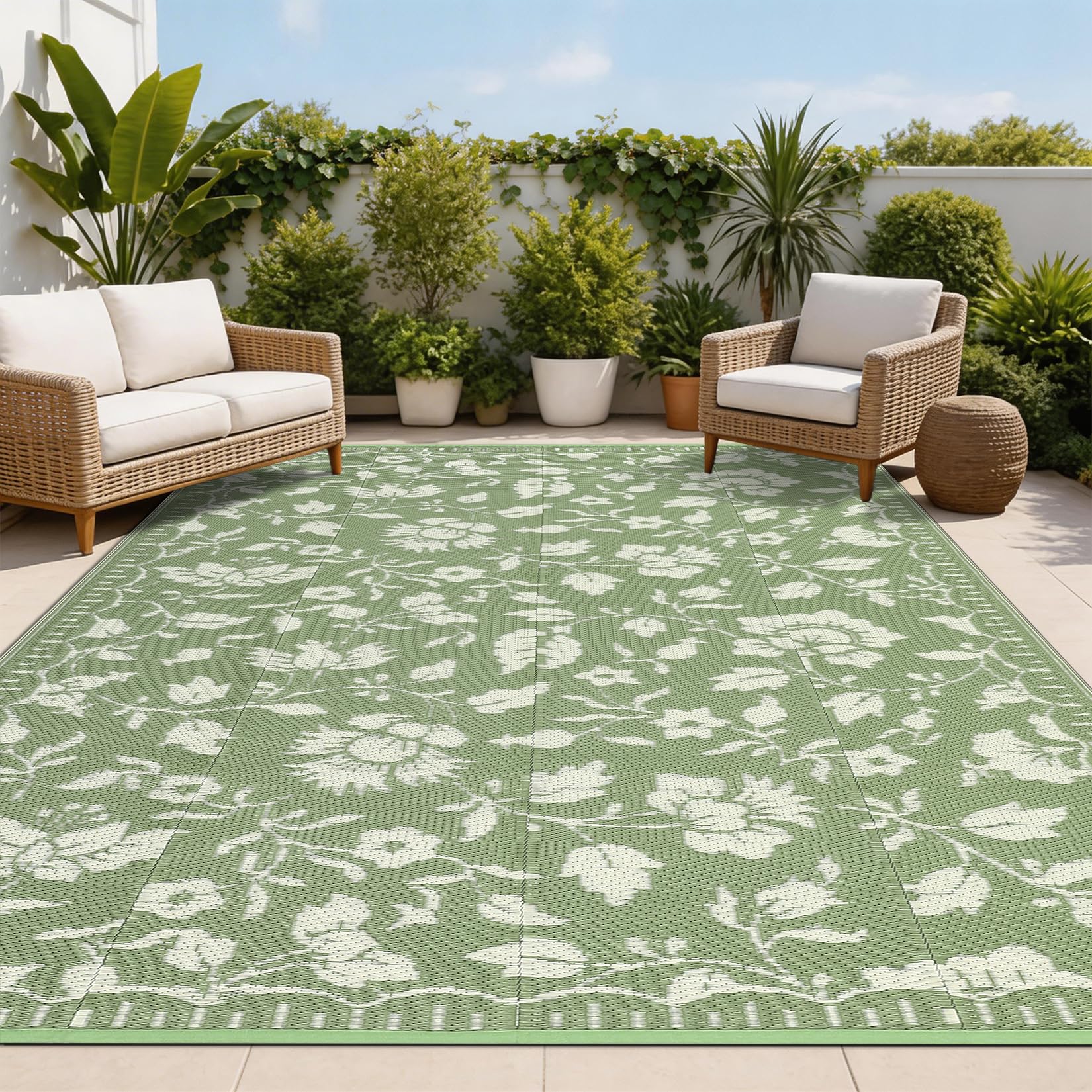 Garvee Floral Outdoor Rug 8x10 Patio Waterproof, Vintage Outdoor Plastic Straw Rug Camping Rugs for Outside Your RV, Foldable Reversible Mats with