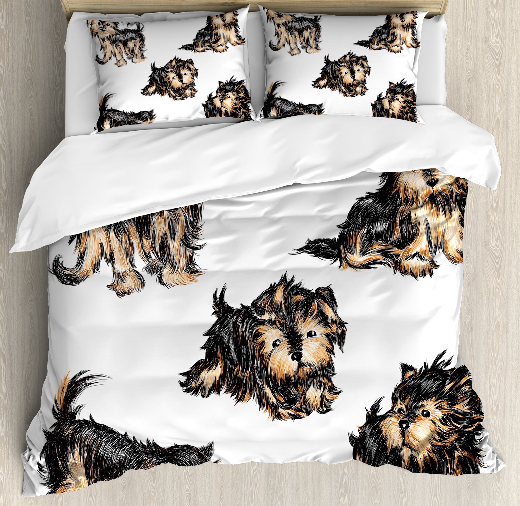 Ambesonne Yorkie Duvet Cover Set, Hand Drawn Yorkies Realistic Yorkshire Terrier Images Dog Love Cartoon, Decorative 3 Piece Bedding Set with 2 Pillow Shams, Queen Size, Black Cream