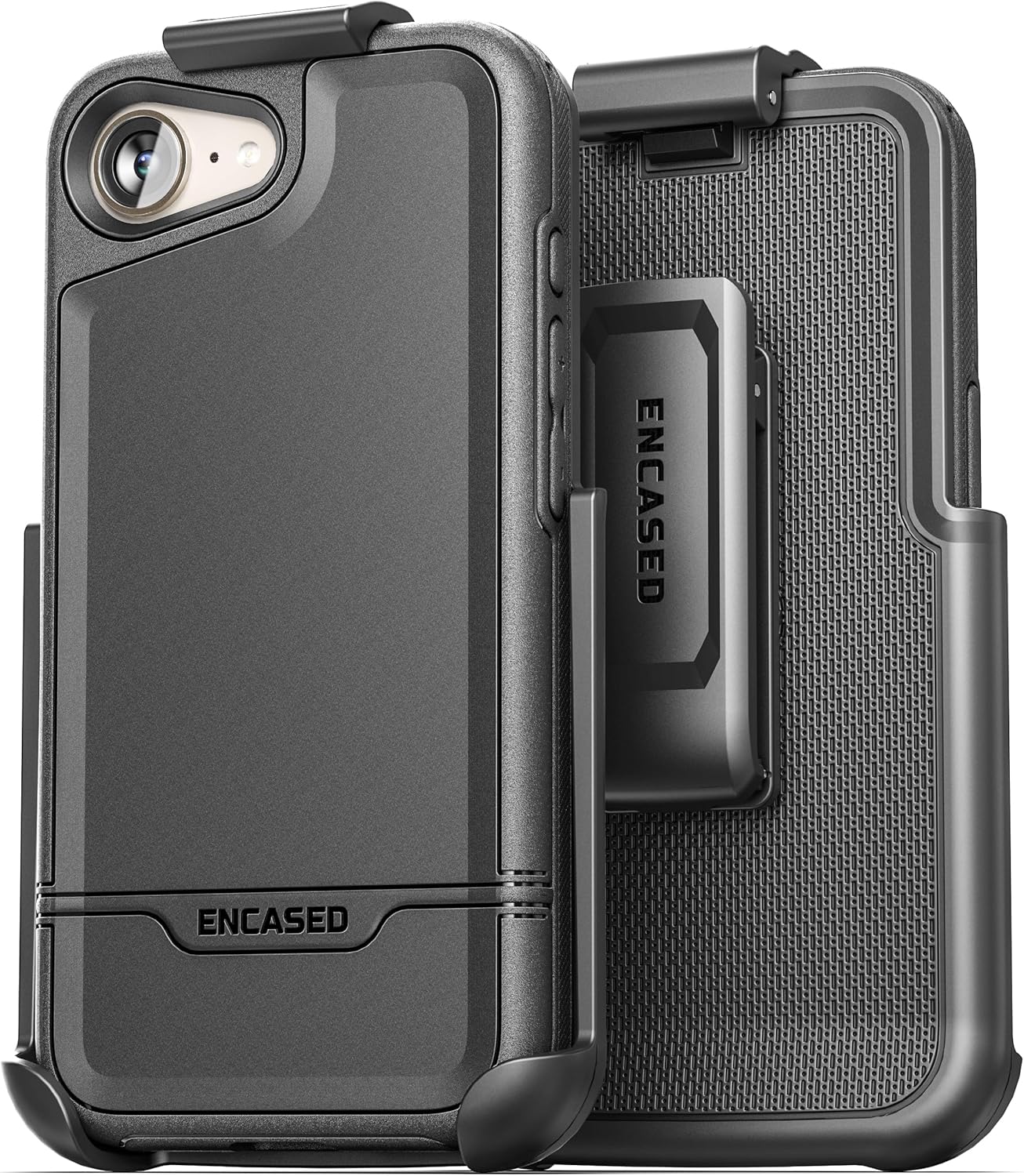 Encased Rebel Series Belt Case for iPhone 16e with Holster Clip, (Compatible with MagSafe) Rugged Hybrid Phone Cover (Black)