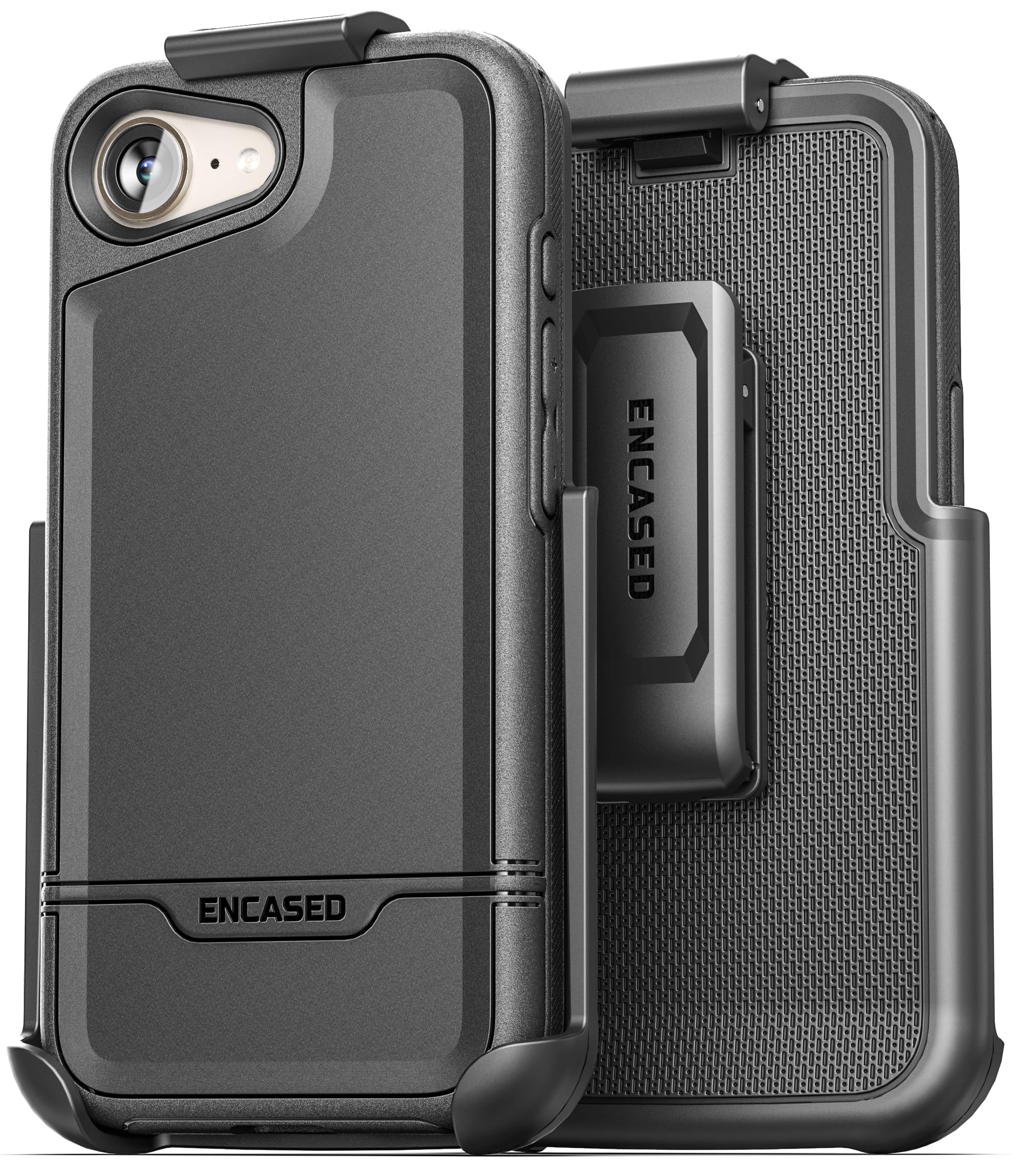 Encased Rebel Series Belt Case for iPhone 16e with Holster Clip, (Compatible with MagSafe) Rugged Hybrid Phone Cover (Black)