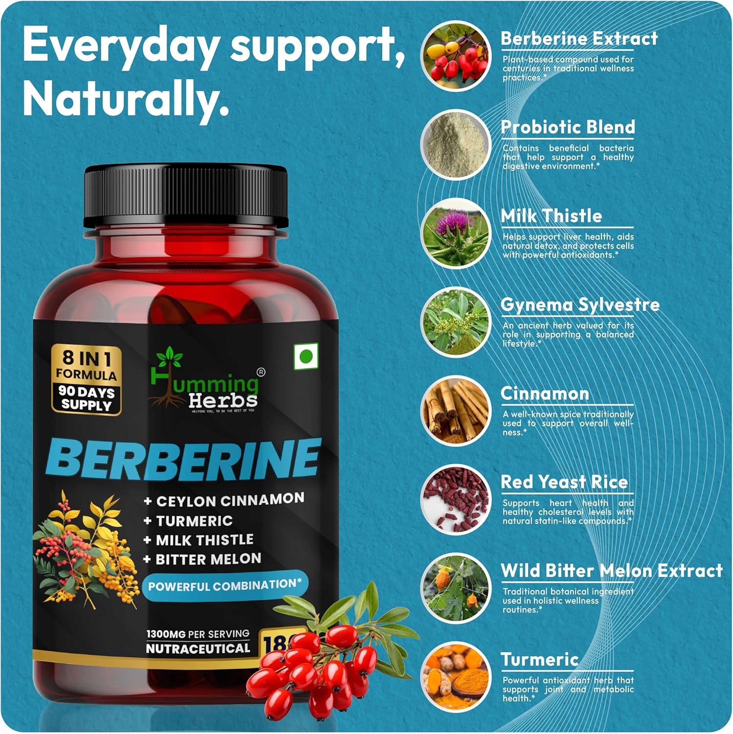 Humming Herbs Berberine Supplement 1300 Mg 8in1 Formula with Ceylon Cinnamon, Milk Thistle, Curcumin, Bitter Melon & Probiotics Red Yeast Rice, Gymnema Sylvestre - 180 Vegan Capsules