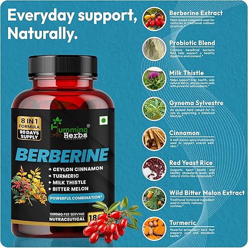 Miniatura 3 de Humming Herbs Suplemento de berberina 1300 mg fórmula 8 en 1 con canela de Ceilán, cardo mariano, curcumina, melón amargo y probióticos arroz de