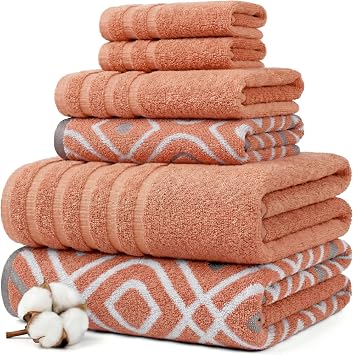 Modern Threads 6 Piece Bath Towel Set Bathroom Set with 2 Bath Towels, 2 Hand Towels, and 2 Wash Cloths 100% Cotton, Super Absorbent & Extra Soft Reversible Classic Diamond Rust Orange