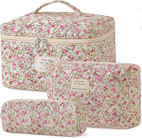 Miniatura 30 de HBselect Bolsa de Maquillaje Acolchada, 3 Piezas de Gran Bolsa de Maquillaje de Viaje de Algodón, Linda Bolsa de Maquillaje Floral Coquette, Bolsa