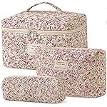 HBselect Quilted Makeup Bag, 3PCS Cotton Large Travel Makeup Bag, Cute Floral Coquette Make up Bag Cosmetic Bag Toiletry Bag for Women Girls