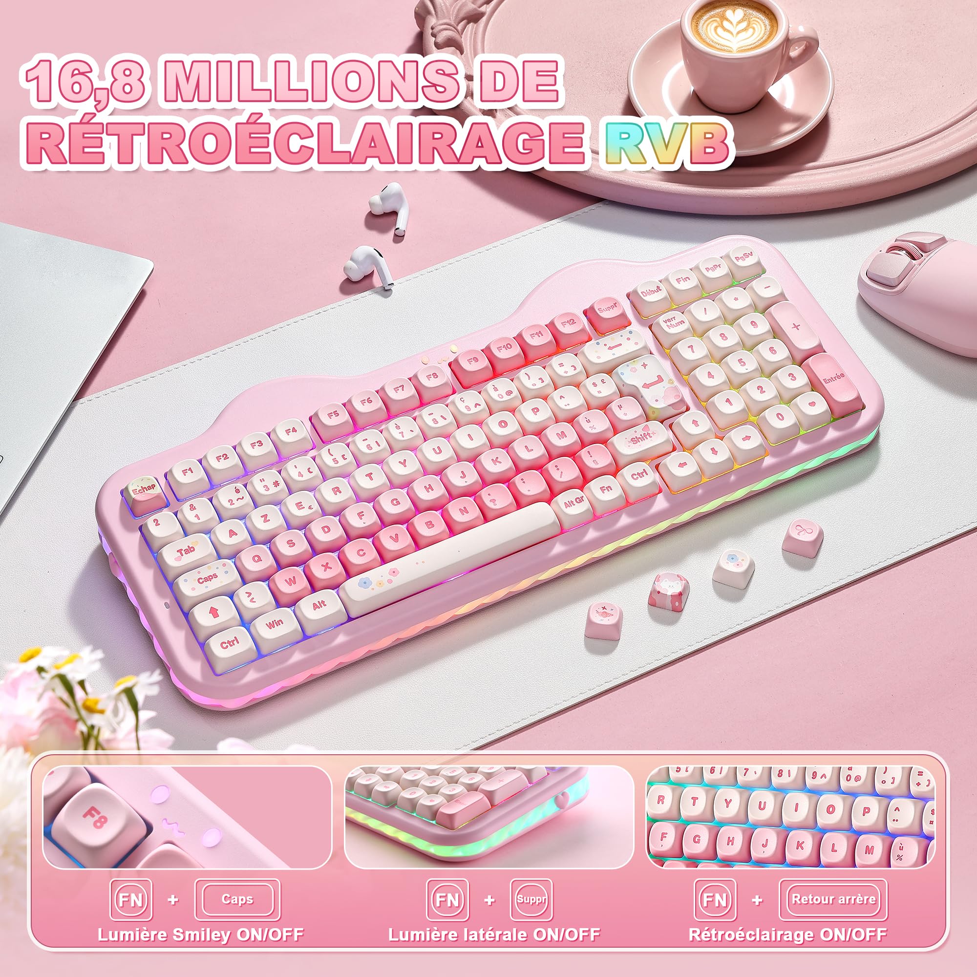 YUNZII C98 AZERTY Clavier Gamer Mécanique sans Fil Gâteaux (Rose, Milk V2)