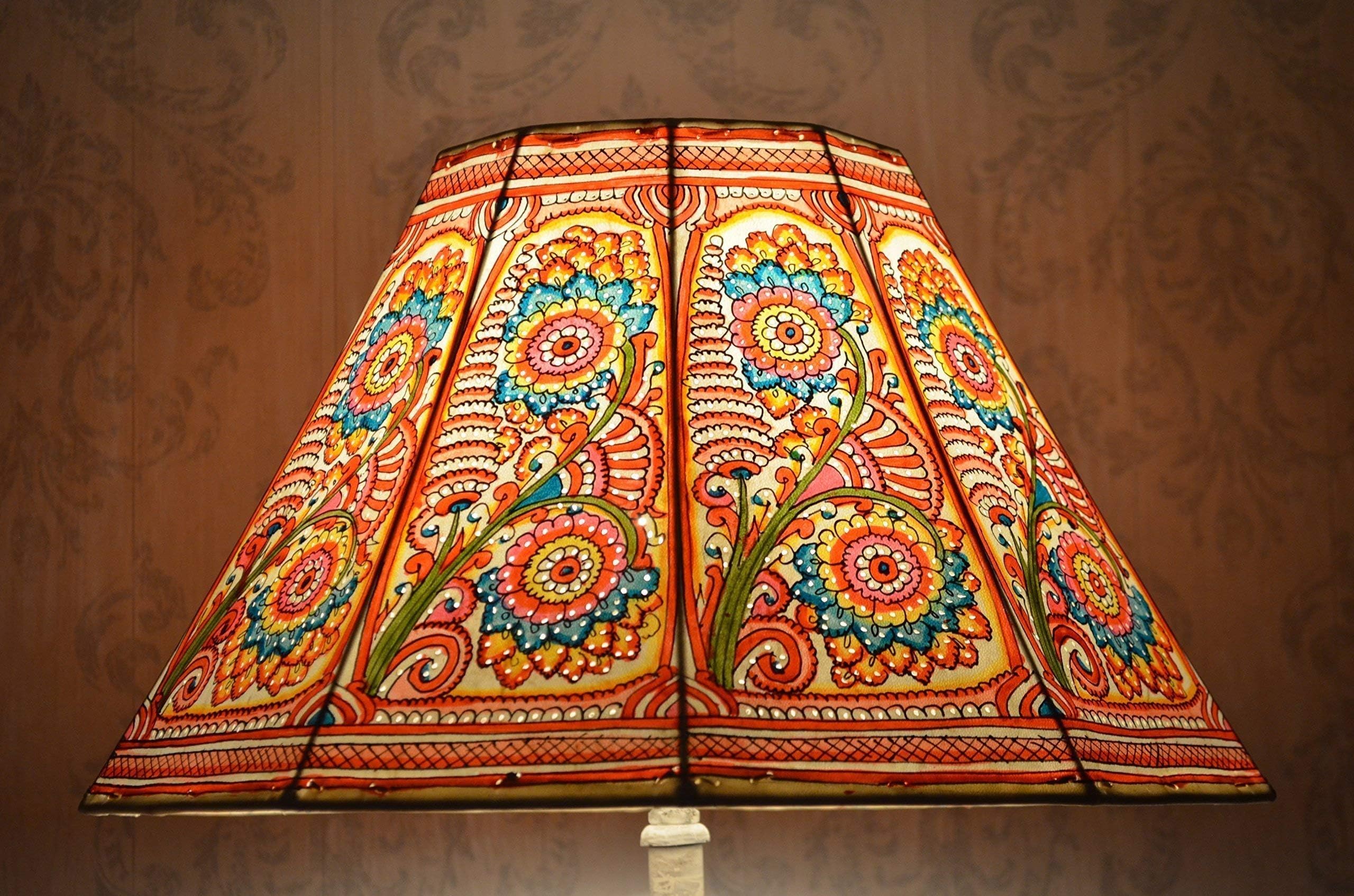 Large Floor Lamp Shade in Multi Colour Floral Pattern | Handmade Leather Lampshade in Octagonal Shape – Height: 9.5 and Width: 16 inches