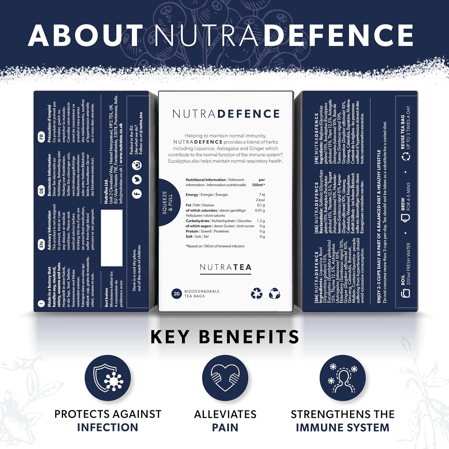 NUTRADEFENCE - Cold and Flu Tea | Immunity Tea - Supports & Boosts The Immune System – Includes Elderberry, Eucalyptus and Licorice Root - 60 Enveloped Tea Bags - by Nutra Tea - Herbal Tea - (3 Pack)