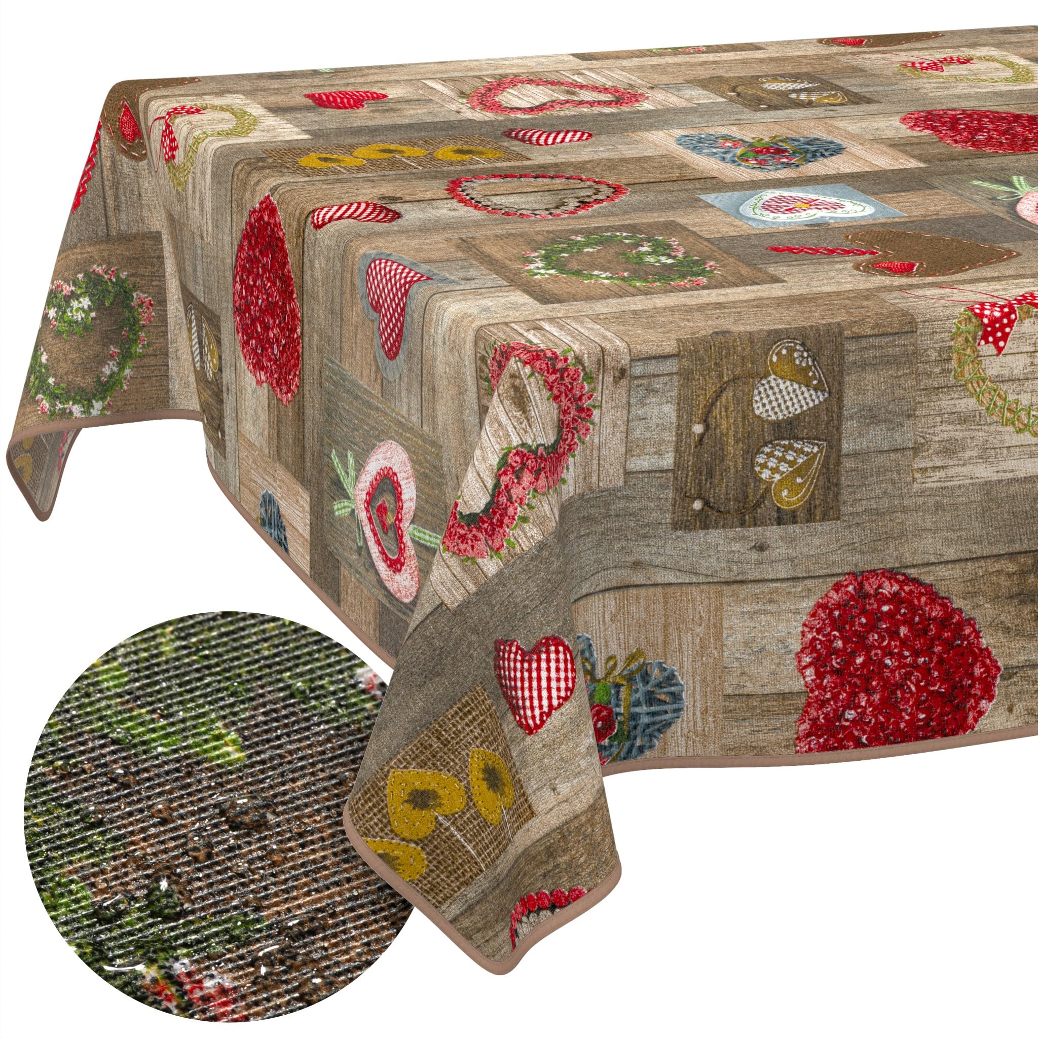 ANRO Washable Tablecloth Hearts Rectangular 160 x 140 cm - Water-Repellent Indoor Outdoor Lotus Effect with Hem