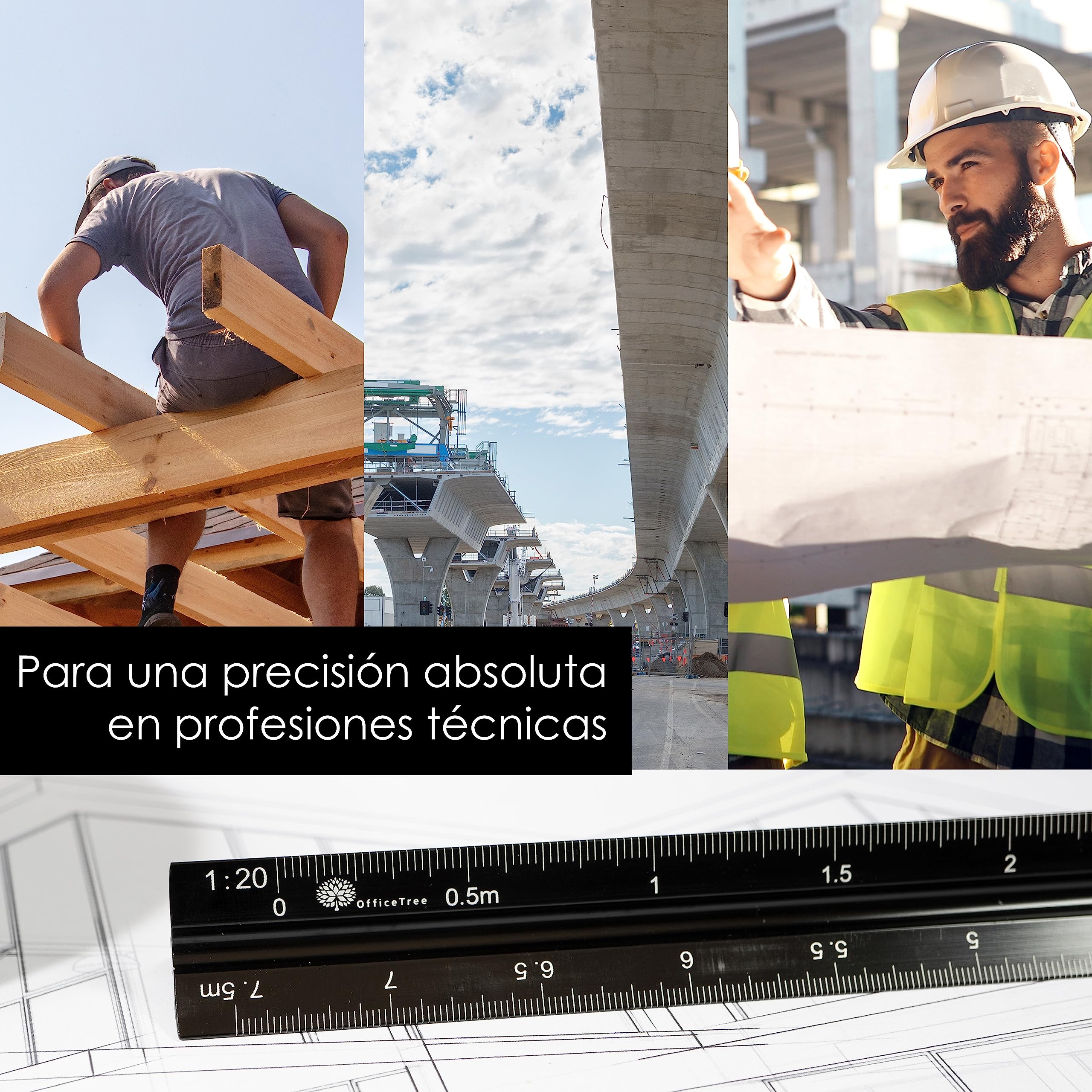 OfficeTree Escalimetro Profesional incl. Portaminas - Regla Triangular 30cm - Escalímetro Escala 1/50 hasta 1/125 - Regla Aluminio - Regla 30 cm - Regla Dibujo Tecnico - Escalimetros