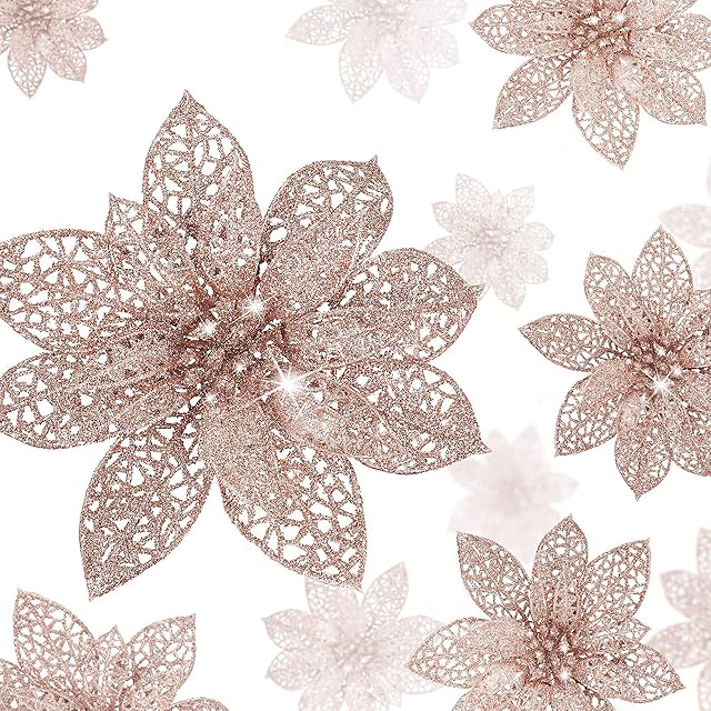 Boao 24 Pieces Glitter Poinsettia Christmas Tree Ornament Christmas Flowers Decor Ornament, 3/4/6 Inches (Rose Gold)