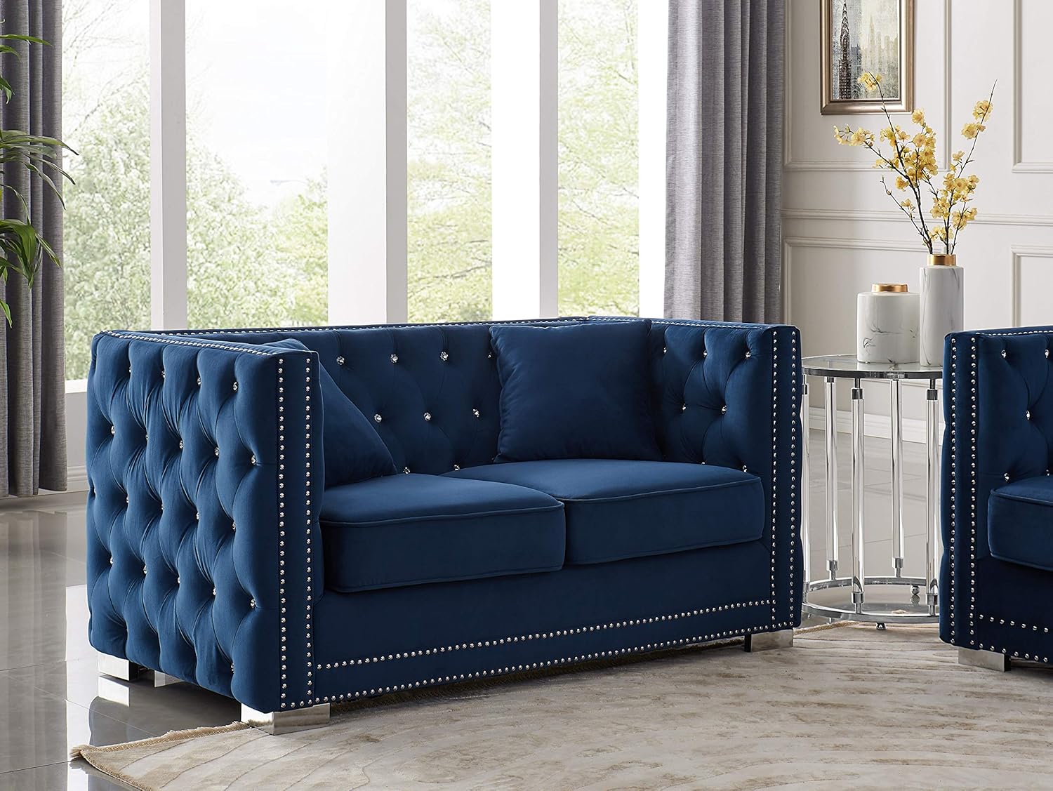 Iconic Home Christophe Love Seat Sofa Velvet Upholstered Button Tufted Nailhead Trim Shelter Arm Design Silver Tone Metal Block Legs Modern Transitional, Navy