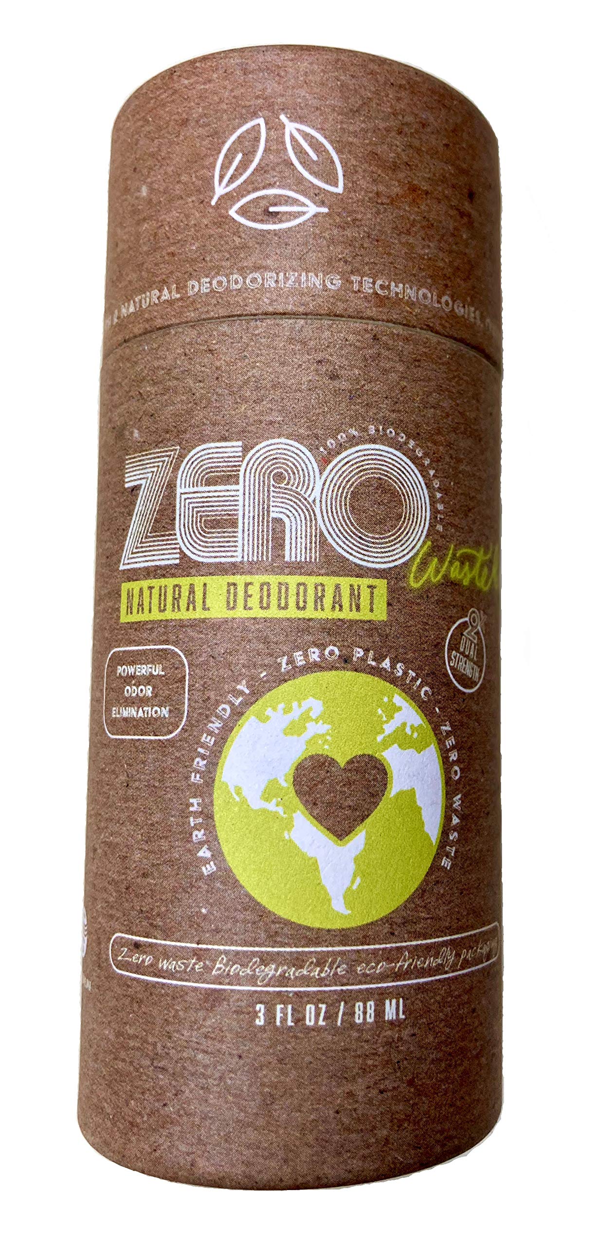 ZERO3 Waste Dual-Strength Natural Deodorant 100% Biodegradable, Earth-Friendly, Cardboard Push-up Tube, Plastic Free, Compost Friendly
