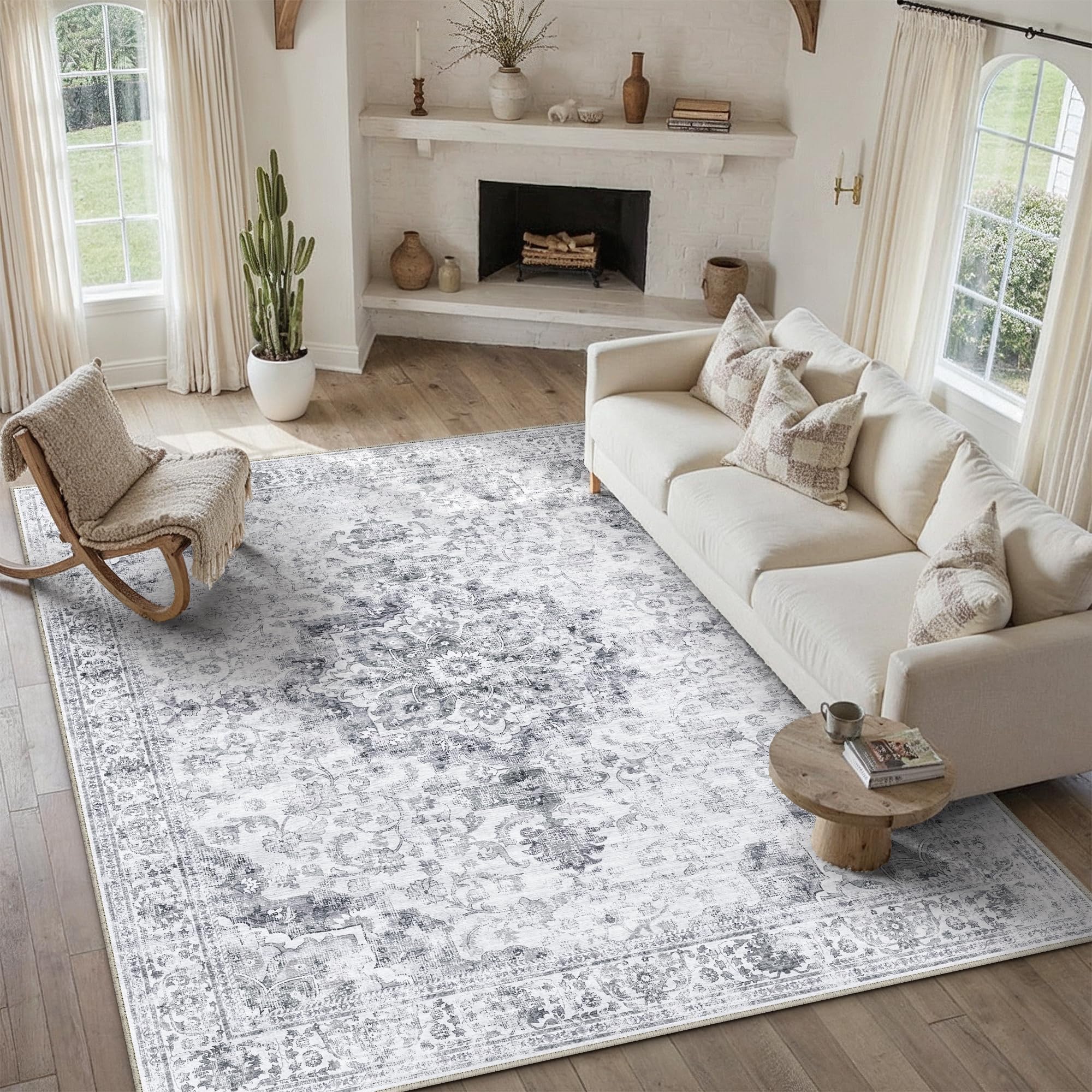 PureCozy Vintage Rugs Living Room 200x300cm Grey Machine Washable Non Slip Area Rug Kids Bedroom Bedside Lounge Playroom Office Indoor Large Carpet Retro Low Pile Carpets