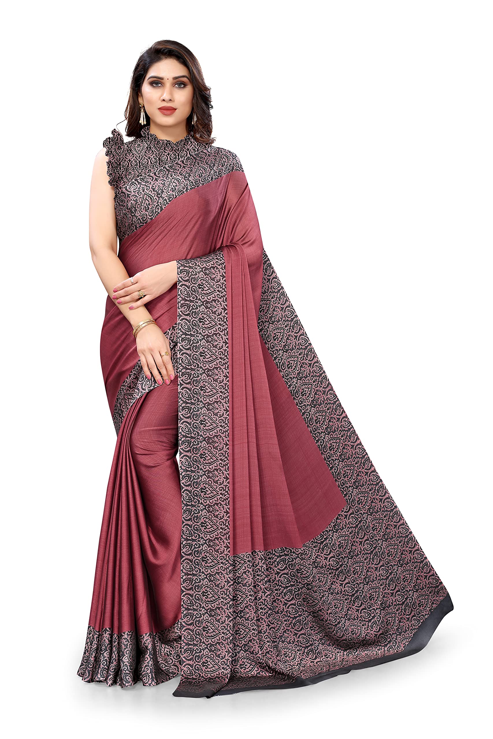 MIRCHI FASHIONWomen's Stylish Chiffon Kalamkari Printed Border Saree with Blouse Piece, Pink, Black, One Size