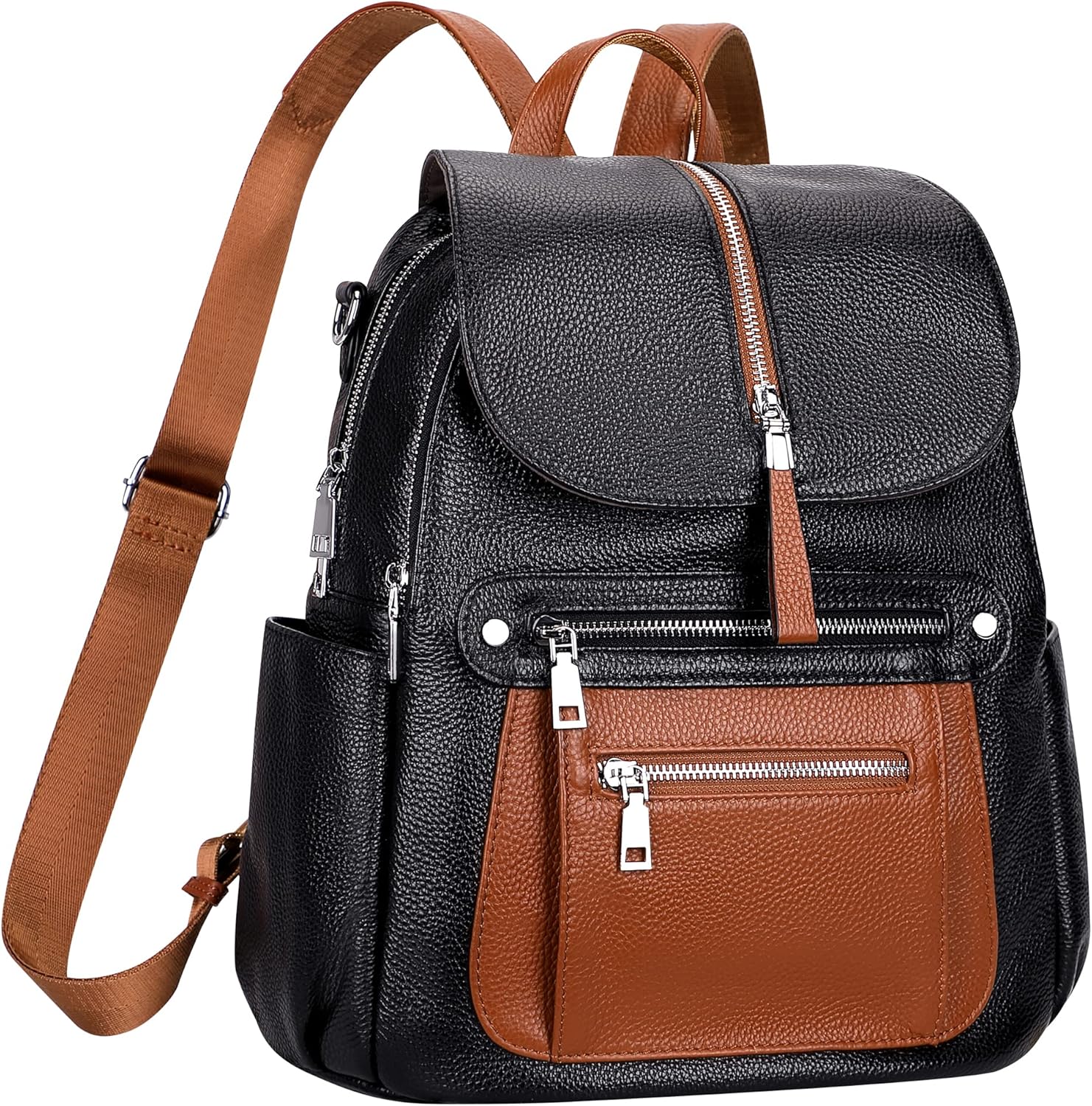 ALTOSY Leather Backpack Purse for Women Fashion Casual Handbag with Multi Pockets and Flap (S107 Black/Brown) - Image 2