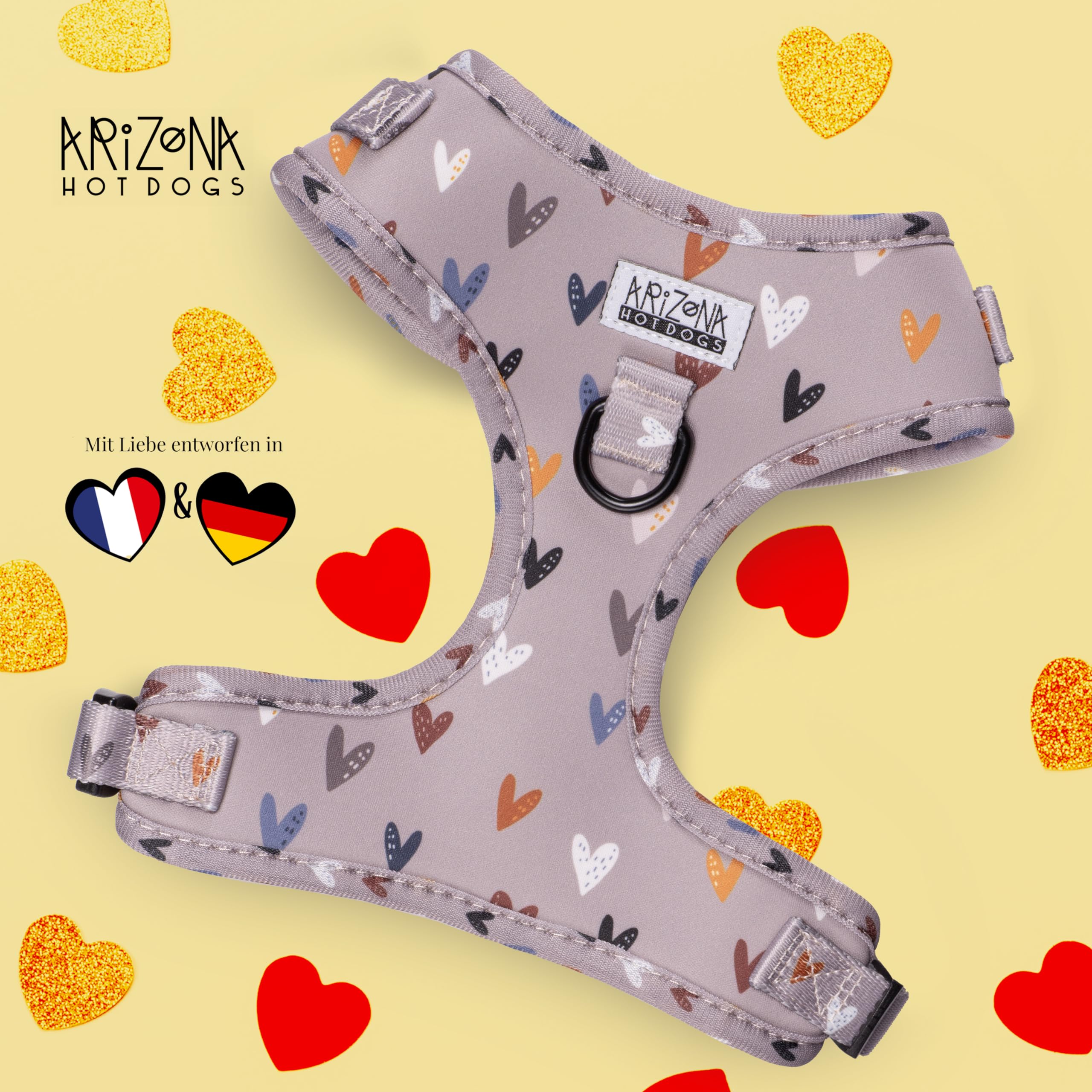 Hundegeschirr mit Leine für kleine Hunde | Arizona Hotdogs Softgeschirr Sweet Love | Leine Nylon 1,5m | Herzmuster | (XXS)