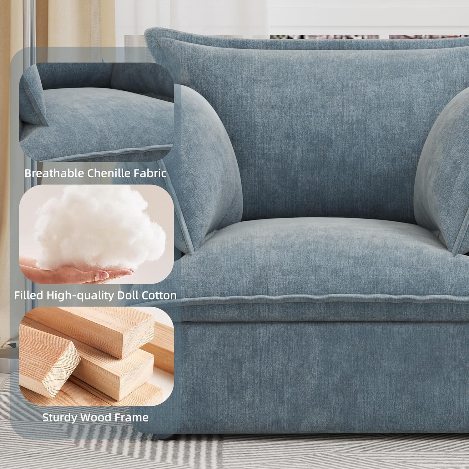 Product dimensions diagram showing the armchair's height, width, and depth measurements.