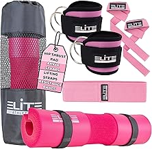 Barbell Squat Pad with Secure Straps & Carry Bag for Hip Thrusts, Pair of Gym Ankle Straps for Cable Machines, Hip Resistance Bands, 2 Wrist Lifting Straps (Pink)