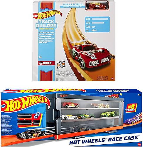 Miniatura 6 de Hot Wheels Paquete de auto y mega pista con estuche de carreras, 9 autos de juguete, pista de 40 pies, conectores y pantalla con función de carrera