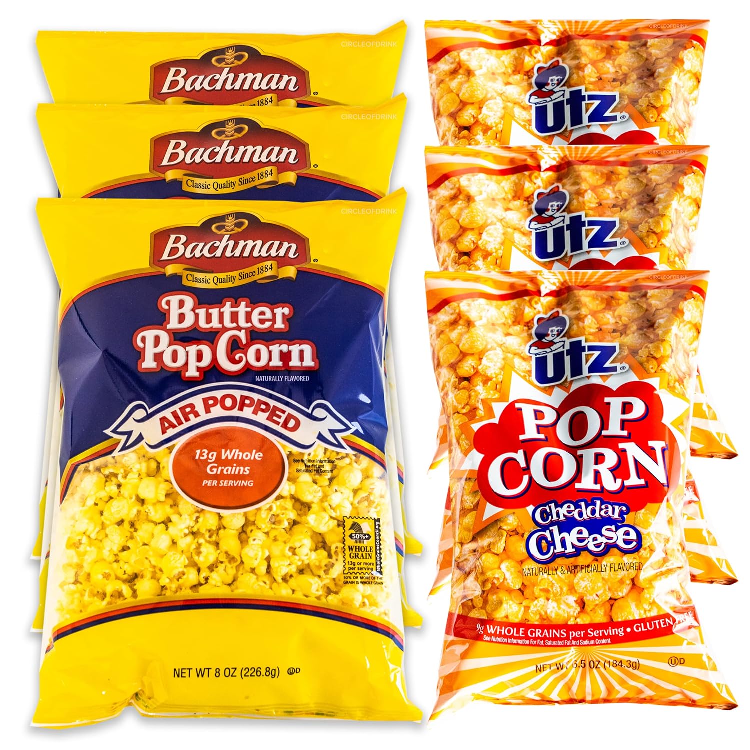 Popcorn Variety Pack - Bachman Air Popped Butter Popcorn (3, 8oz bag) - Utz Cheddar Cheese Popcorn (3, 6.5oz bags) - Delicious Buttery Delight Popcorn Snacks - 6 Items Total