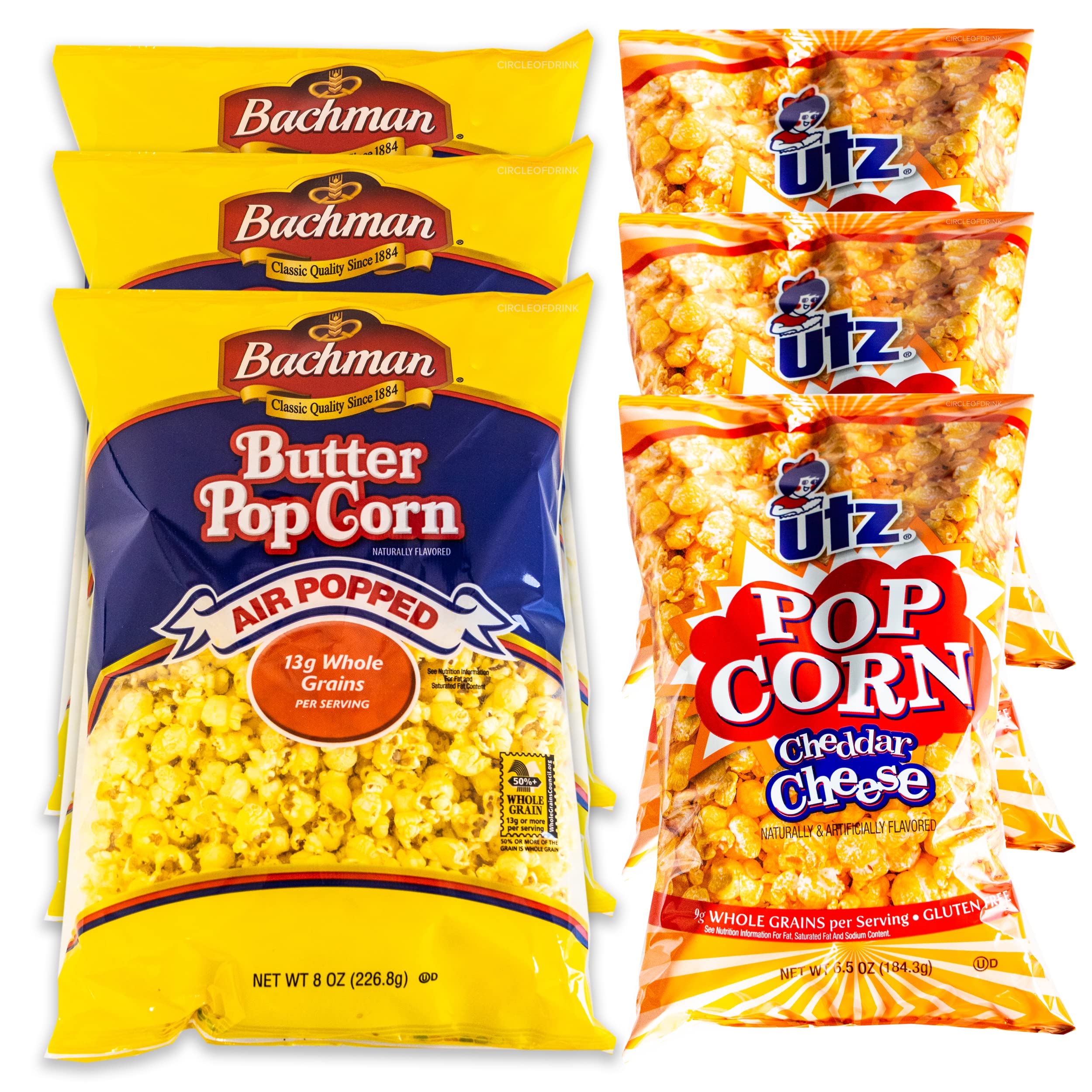 Popcorn Variety Pack - Bachman Air Popped Butter Popcorn (3, 8oz bag) - Utz Cheddar Cheese Popcorn (3, 6.5oz bags) - Delicious Buttery Delight Popcorn