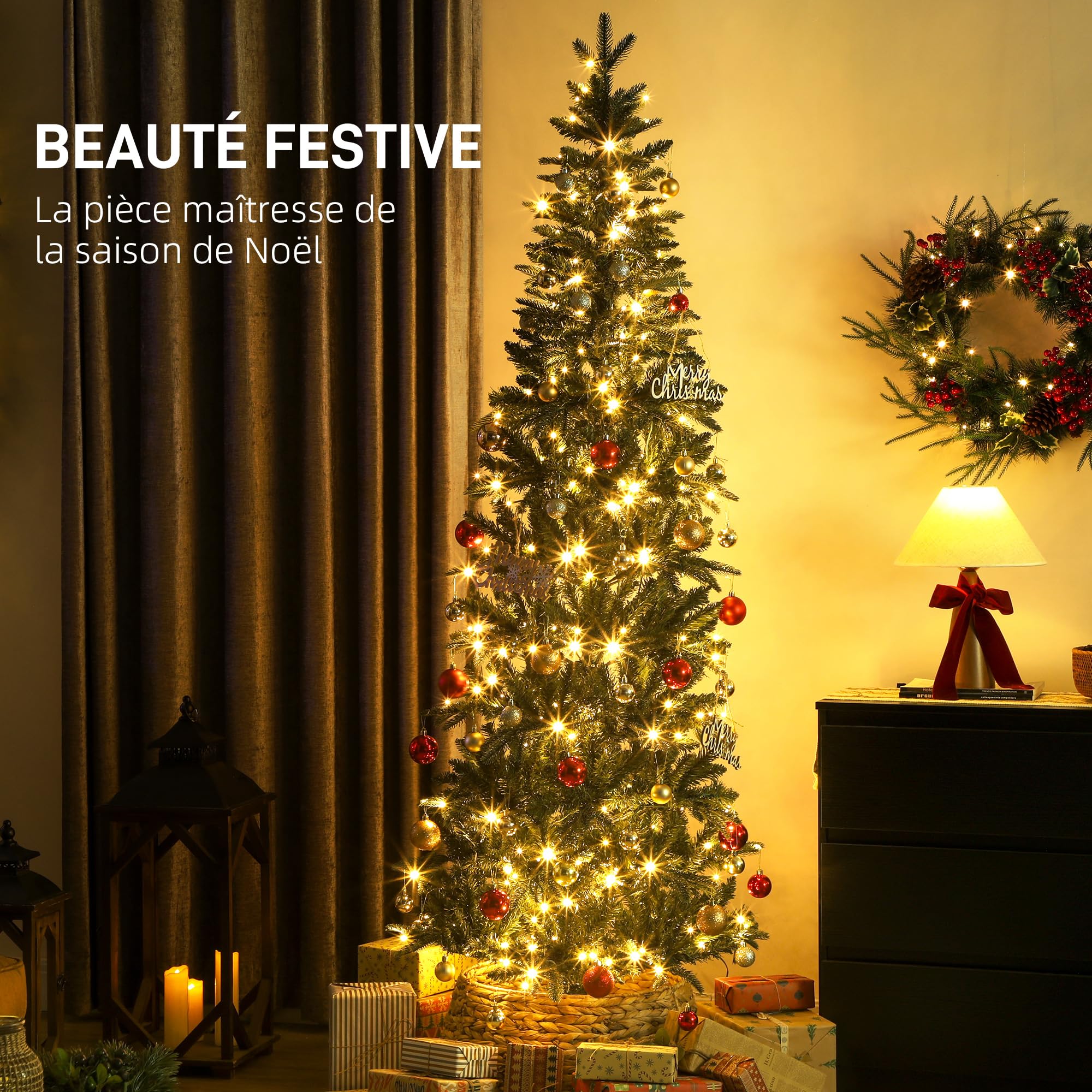 HOMCOM Sapin de Noël Artificiel 210 cm Slim, 8 Modes d’Éclairage, Vert | Lumières Blanches Chaudes, 8 Modes d'Éclairage, 826 Pointes de Branche Articulée, Support en Métal, Plastique Ignifuge