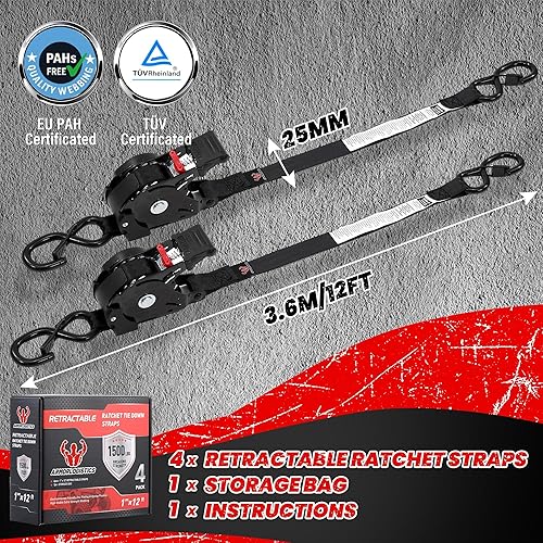 Miniatura 6 de Correas de trinquete retráctiles, paquete de 4, correas de amarre autorretráctiles de resistencia a la rotura de 1500 libras, correas de trinquete