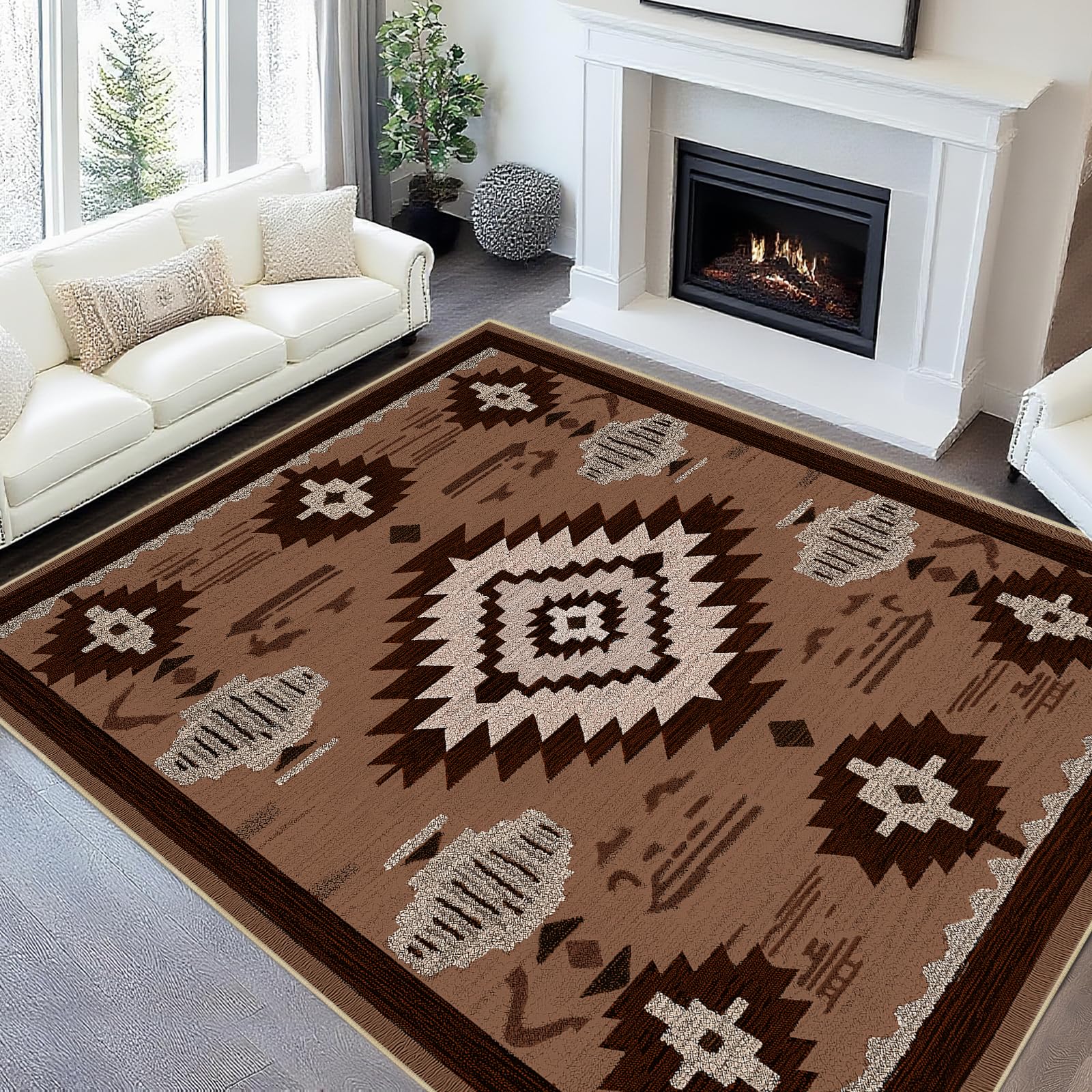 Area Rug 5x7 Western Rug Living Room Southwestern Aztec Rugs Machine Washable Tribal Navajo Southwest Rug Non Slip Printed Low-Pile Indoor Floor