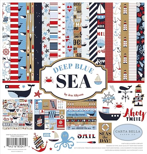 Carta Bella Paper Company Deep Sea Collection Kit de papel, rojo, azul marino, azul, blanco, 12 x 12 pulgadas