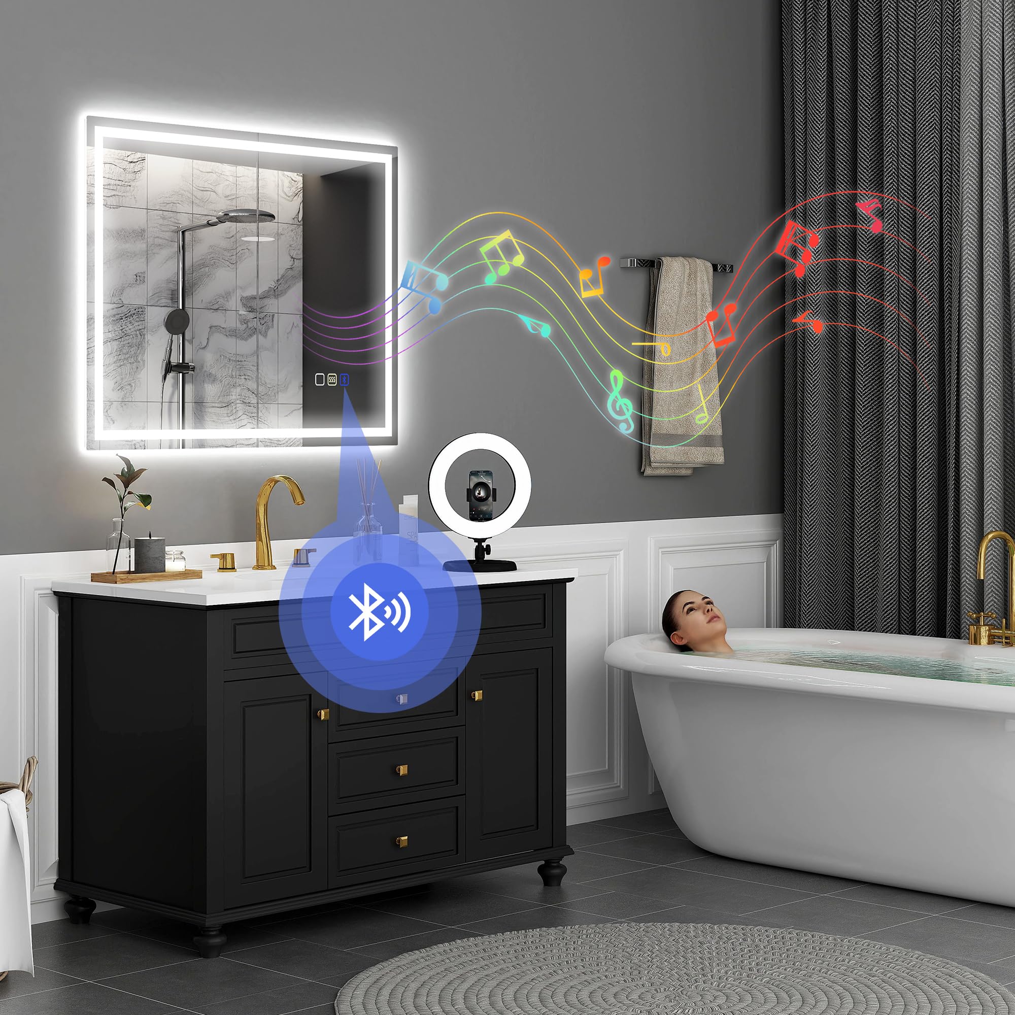 HOMCOM Specchio Rotondo Con Luci LED 60 Cm – Anti-appannamento, Touch Con Timer E Display Temperatura – 3 Colori Chiari (Caldo, Naturale, Freddo) – IP44 Per Bagno E Camera - 4